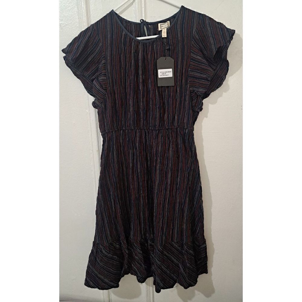 mo:vint New York Womens Medium Flutter Sleeve Shift Dress Navy Blue Stripe